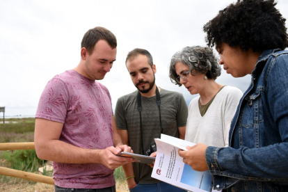 Los investigadores del Departamento de Geografía de la URV, Aitor Àvila, Joan Jurado, Yolanda Pérez y Amalia Palacios, durante una visita de trabajo de campo en el Delta de l'Ebre.