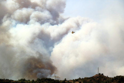 Un hidroavió sobrevola un gran núvol de fum d'un incendi forestal a la Ribera d'Ebre el 26 de juny del 2019.