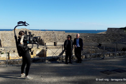 Paco Zapater y su mujer durante el rodaje de la película en el Anfiteatro romano de la ciudad.