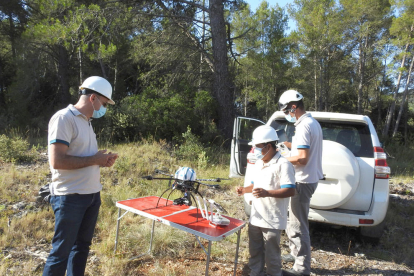Operarios especializados con el uso de drones que sobrevolarán y revisarán las líneas de alta tensión de REE en Cataluña.