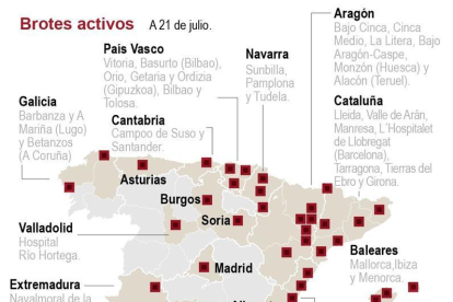 Mapa de brotes de coronavirus en España a 21 julio.