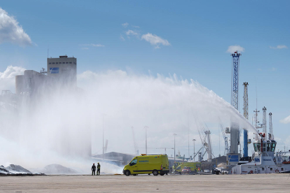 Efectivos de los bomberos en las tareas de extinción de un incendio en el Puerto de Tarragona.