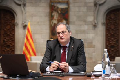 El presidente de la Generalitat, Quim Torra, en la reunión del comité ejecutivo de crisis por la covid-19.