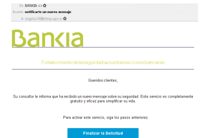 Imatge del correu fraudulent que suplanta a Bankia.