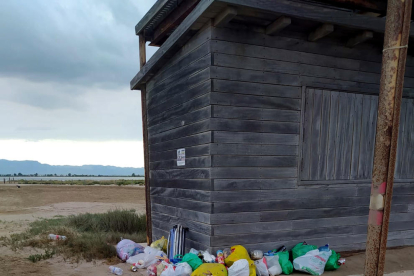 Plano general de varias bolsas de basura abandonadas en una playa protegida del Parque Natural del Delta de l'Ebre.