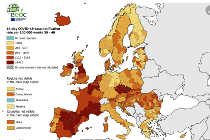 Mapa del nivell de contagis per covid-19 del Centre Europeu de Prevenció i Control de Malalties (ECDC, per les seves sigles en anglès).