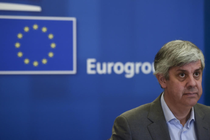 El president de l'Eurogrup, Mario Centeno, en una roda de premsa.