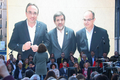 Els candidats de JxCat Josep Rull, Jordi Sànchez i Jordi Turull, en videoconferència