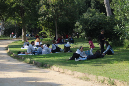 Diversos grups fent pícnic al parc de la Ciutadella de Barcelona durant el primer diumenge en què han entrat en vigor les noves restriccions.