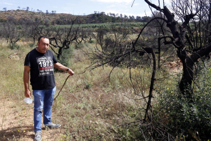 El campesino de Bovera Julio Cabre mostrando un tubo de riego quemado por el incendio de hace un año.