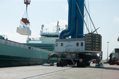 El barco Eagle Arrow descargando 27.114 toneladas de pasta de papel procedente del Brasil.