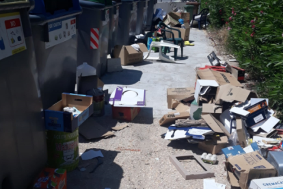 Imatge de l'illa de contenidors plena de caixes i brosssa.