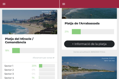 Informació que ofereix l'apliació sobre la situació de les platges de Tarragona.