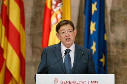 El presidente de la Generalitat, Ximo Puig, durante la rueda de prensa que ha ofrecido hoy.