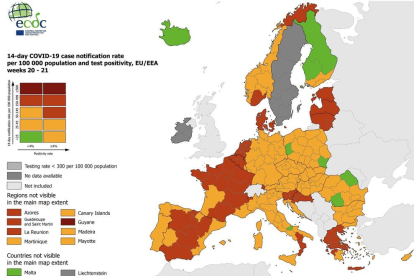Situació actual a Europa segons nombre de casos de covid-19.