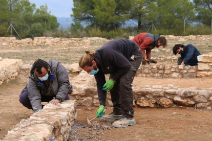 Arqueòlegs treballant en la consolidació de les restes de cases excavades al Castellet de Banyoles.