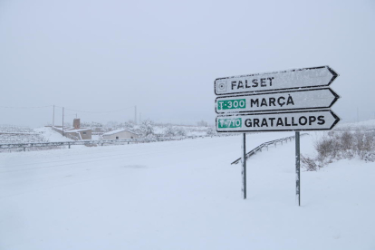 Imatge de la carretera d'accés a Falset completament coberta per la neu.