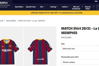 Pantallazo de la tienda del Barça donde se puede ver la camiseta de Depay.