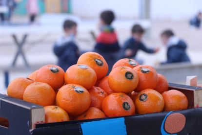 Detalle de una caja de clementinas con niños jugando al fondo en el patio de la escuela