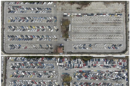 El dipòsit municipal de vehicles abans i després de l'adjudicació de 780 vehicles.