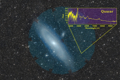 La galàxia d'Andròmeda (M31), amb l'instrument DESI representat per la superfície circular en verd pàl·lid superposat a la imatge.