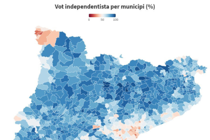 Mapa de Cataluña con el porcentaje de voto independentista por municipio en las elecciones del 14 de febrero.