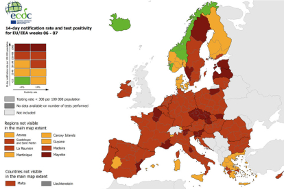 Mapa de la incidència de contagis a Europa de l'ECDC del 25 de febrer del 2021.