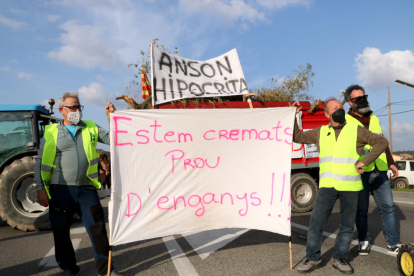 Els pagesos tallant la C-12, a l'altura del Flix, en la protesta per exigir ajuts directes per compensar els danys causats pel temporal Filomena als camps d'oliveres.