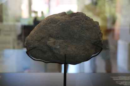 Una vecina de Ulldemolins que observa la plaqueta del Paleolítico Superior encontrada en diciembre en las Cuevas del Fem.