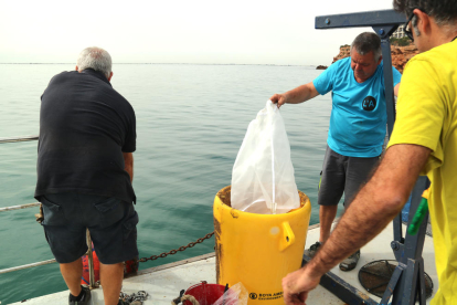 Pla general de dos membres de la brigada de l'Ampolla i el professor Fernando Condal posant un filtre nou a una les boies SB Buoy.