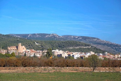 Vista del poble d'Alcover, amb el seu conegut campanar inacabat.