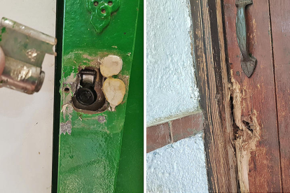 A la izquierda, imagen de la cerradura forzada al cuarteto de las herramientas y, a la derecha, imagen de la puerta de entrada forzada a hachazos.
