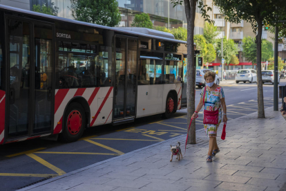 Una senyora passeja el seu gos pel centre de Tarragona mentre passa un autobús.