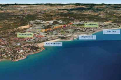 Imagen virtual del plan parcial de la Budellera, en Tarragona, completamente desarrollado, con 6.000 nuevas viviendas, que se extiende desde el campo de fútbol del Nàstic y hasta la Cala Romana, en una imagen publicada el 21 de noviembre del 2016.