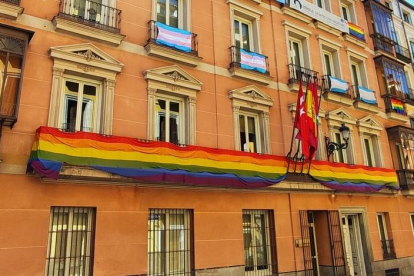 Imatge de les banderes LGTBI a l'edifici de grups de l'Ajuntament de Madrid.