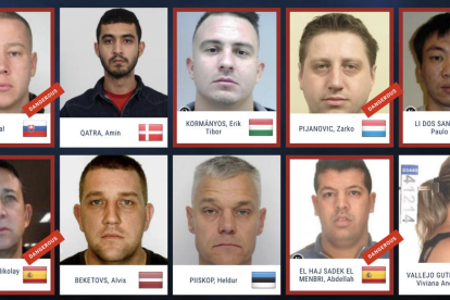 Algunas de las fichas publicadas por la Europol para localizar a los delincuentes más buscados.
