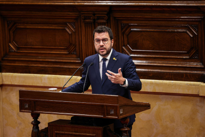 El presidente de la Generalitat, Pere Aragonès, en el debate de política general en el Parlament.