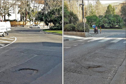 Alguns dels desperfectes de l'asfalt, molt a prop de la plaça de La Pastoreta, ahir.