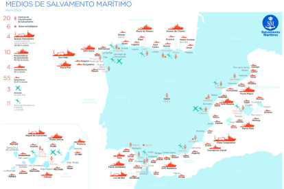 Mapa dels recursos de SAlvament Marítim a Espanya.