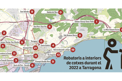 Mapa dels robatoris a cotxes durant el 2022 a Tarragona.