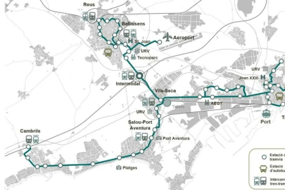 Mapa dels ramals i de les parades que farà el Tramcamp a Tarragona.