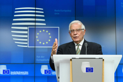 El alto representante de la UE., Josep Borrell, en una rueda de prensa después del Consejo de Asuntos Exteriores.