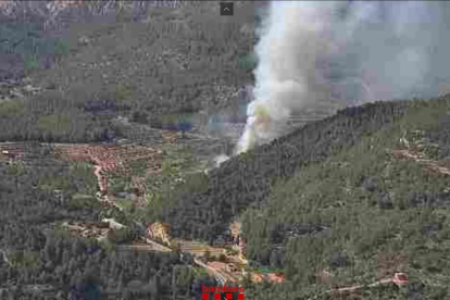 Imatge aèria d'un foc forestal a Vandellòs i l'Hospitalet de l'Infant.