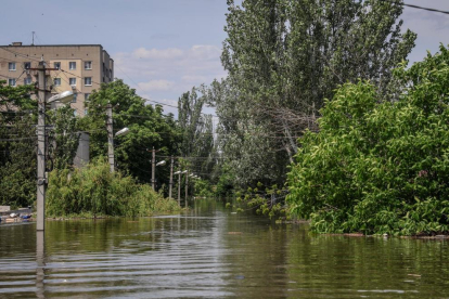 Una de las áreas inundadas de Jersón, un día después del rotura de la toma de Kajovka, en el sur de Ucrania.