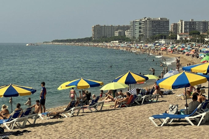 Banyistes parant el sol i entrant a l'aigua a la platja de Blanes.