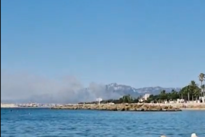 Captura del video on els banyistes de Cambrils observen la columna de fum que ha deixat l'incendi de Mont-roig del Camp.