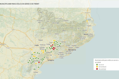 Mapa de distribució a Catalunya dels projectes eòlics en servei.