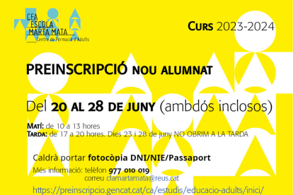 Cartell de la preinscripció al Centre de Formació d'Adults Marta Mata.