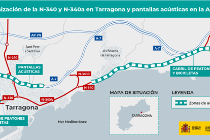 Mapa d'on se situaran els carrils de vianants i bicis i les pantalles acústiques a Tarragona.