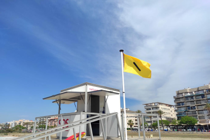 Una bandera adaptada al daltonisme senyalitza l'estat de la mar a una platja de Calafell.